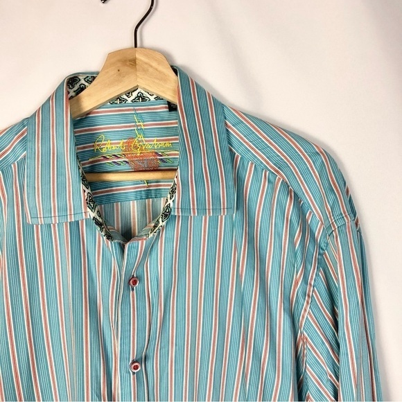 Robert Graham Blue & Orange Stripe Long Sleeve Button Down XL - Picture 3 of 5